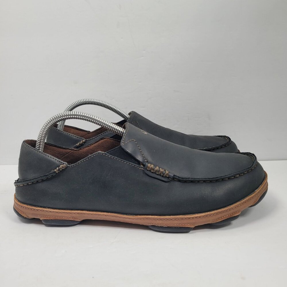 Olukai Men's Black Leather Slip-On Shoes 10128-4033 US Size 9.5